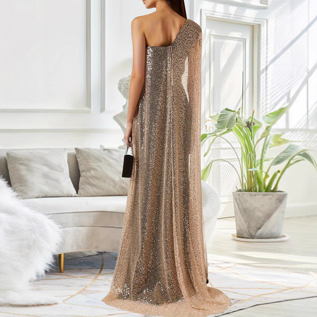 One-shoulder Cloak Slit Black Dress - Sculptify™