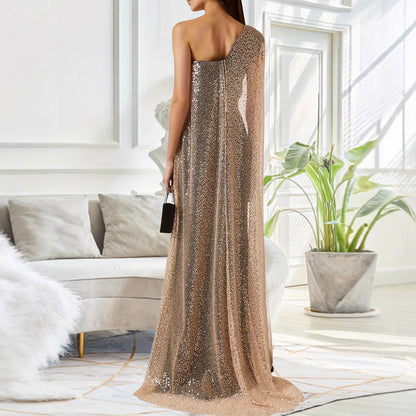 One-shoulder Cloak Slit Black Dress - Sculptify™