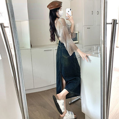 Trendy Three-Quarter High-Waist Denim Skirt
