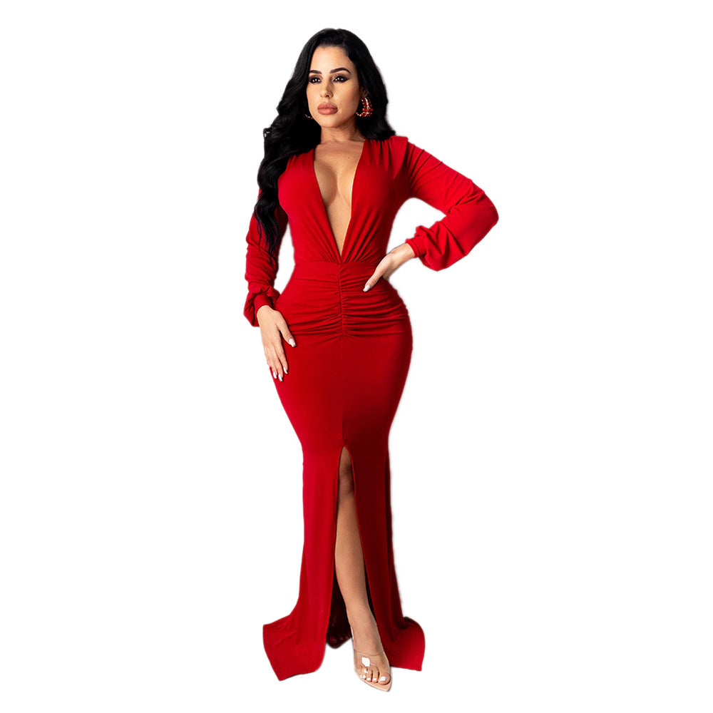 Women's Large V-neck Slim-fit Nightclub Evening Dress - Sculptify™