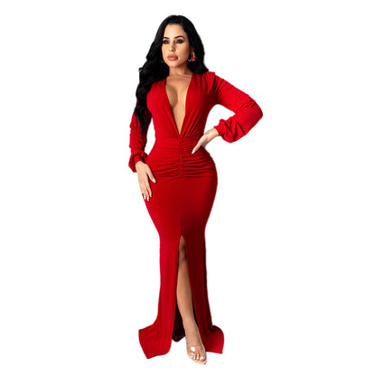 Women's Large V-neck Slim-fit Nightclub Evening Dress - Sculptify™