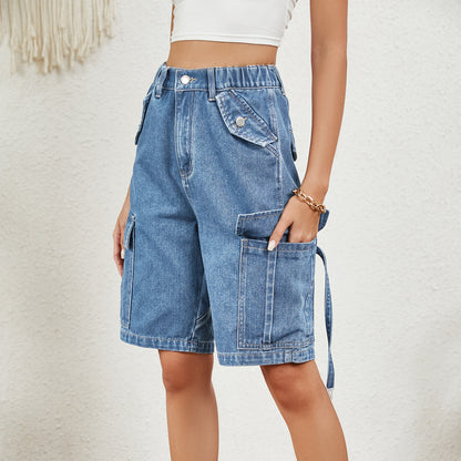 Washed Denim Utility Cargo Shorts