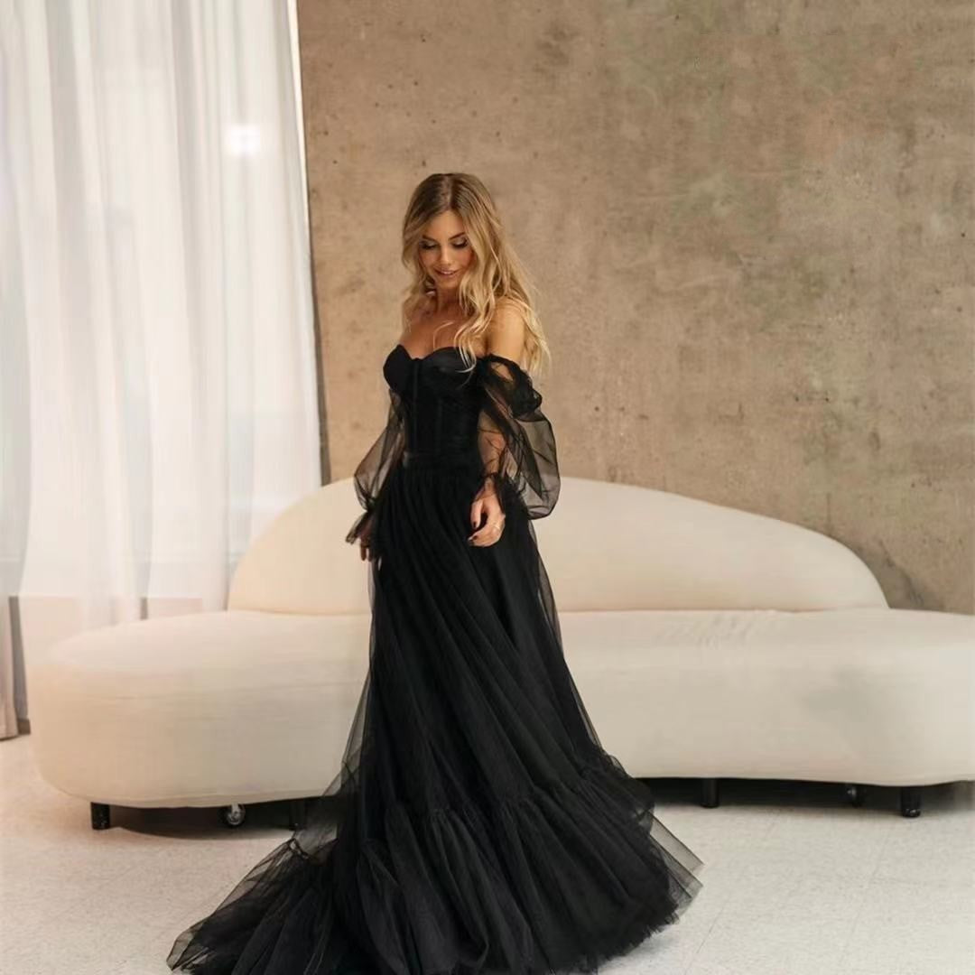 Women's Long Sleeve Transparent Lace Black Wedding Dress - Sculptify™
