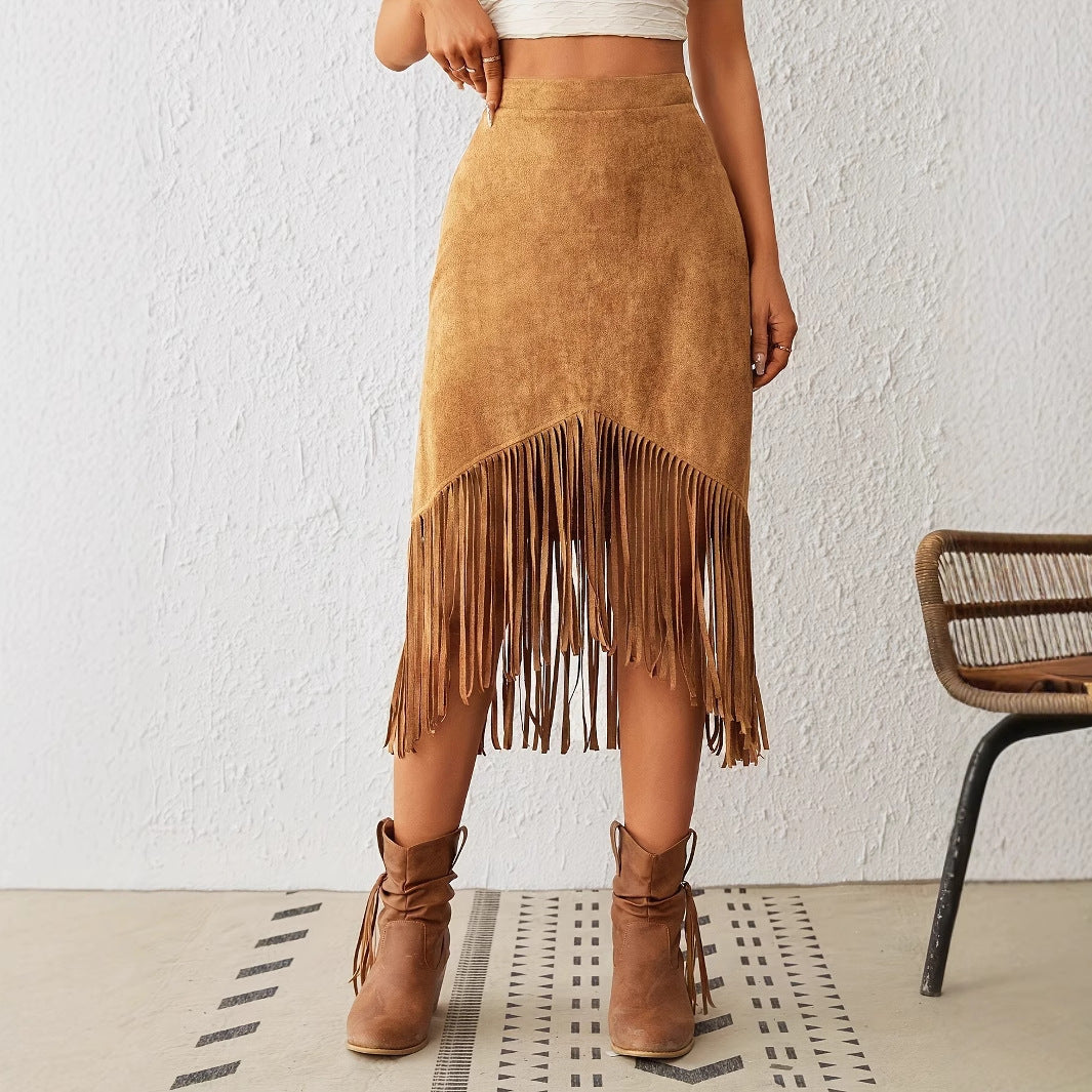 Minimalist Solid Asymmetric Fringe Skirt