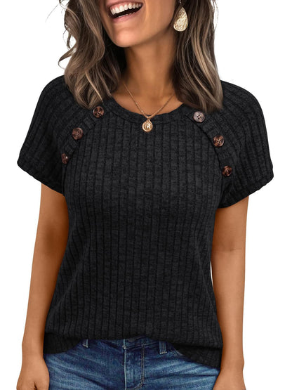 Womens Ribbed Crew-neck Button-panel Short-sleeve Top  Short sleeve t-shirts Sculptify™