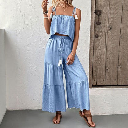 Strappy Top And Wide-leg Pants Textured Resort Set - Sculptify™
