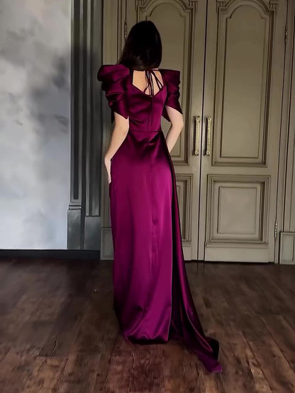 Elegant Puff Sleeve Pleated Slit Maxi Dress - Sculptify™