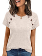 Womens Ribbed Crew-neck Button-panel Short-sleeve Top  Short sleeve t-shirts Sculptify™