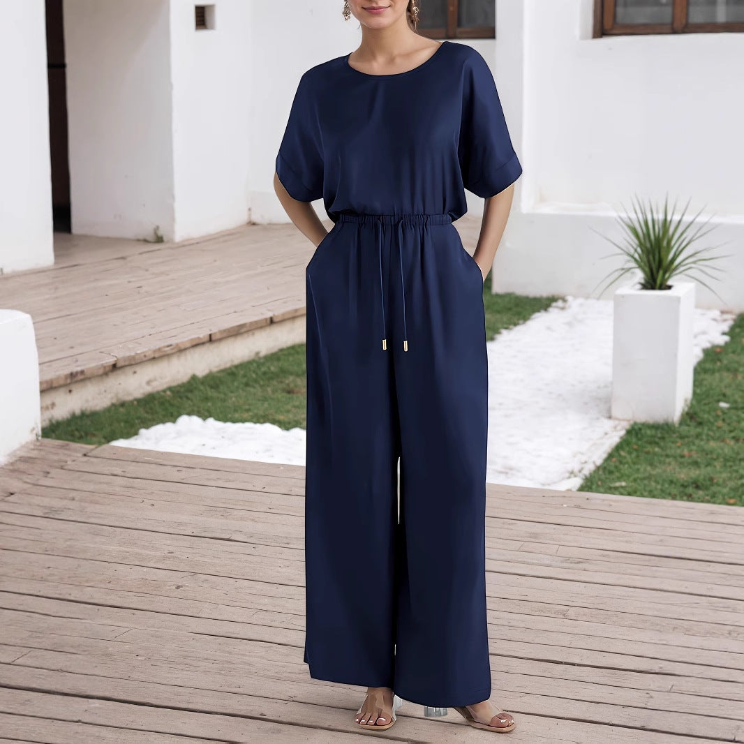 Casual Short-sleeve Top And Drawstring Wide-leg Pants Set - Sculptify™