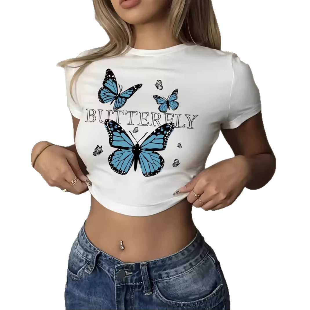 Womens Printed Top White Bodycon Cropped Navel-Exposed T-Shirt - Sculptify™
