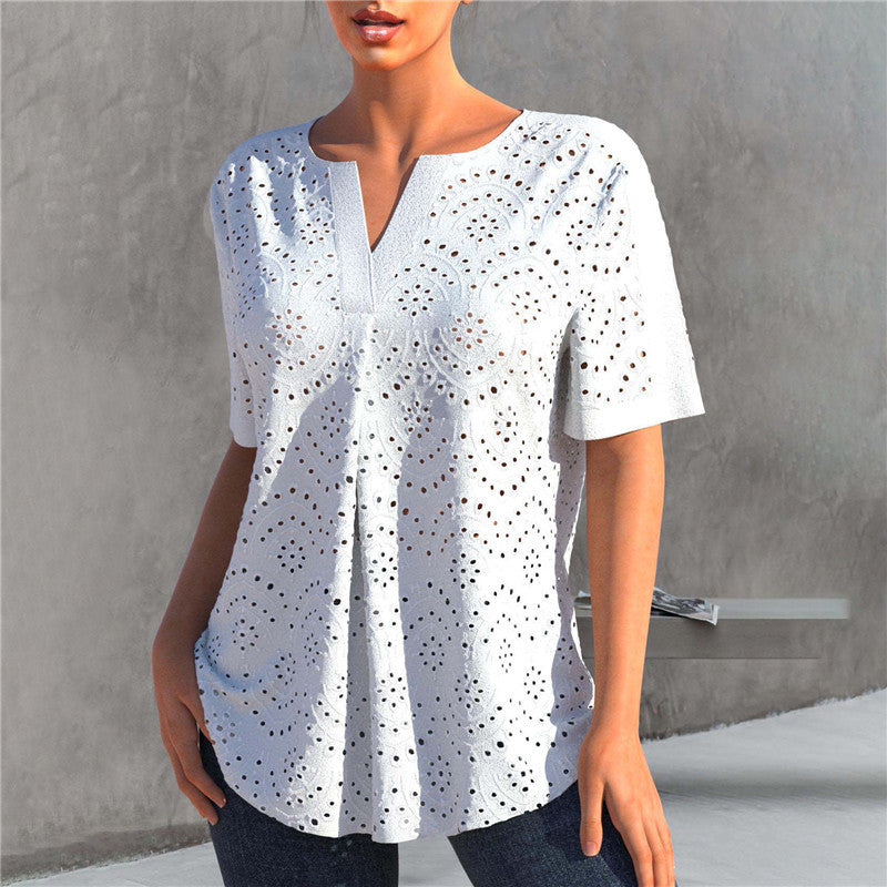Women's Embroidered Hollow Out V-neck Short-sleeved T-shirt Top  Short sleeve t-shirts Sculptify™