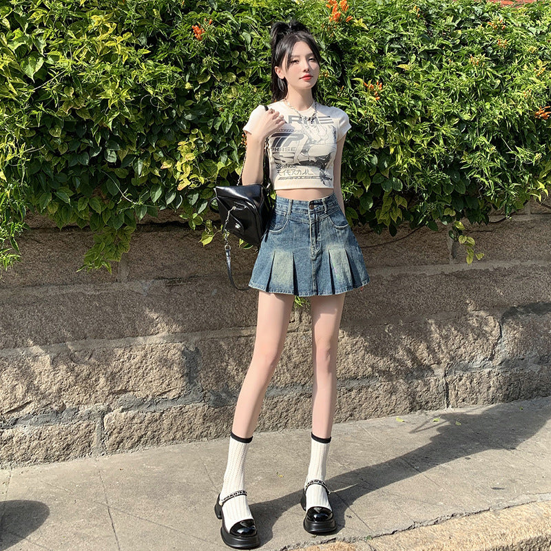 Chic Anti-Exposure Pleated Jean Skirt