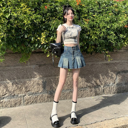 Chic Anti-Exposure Pleated Jean Skirt