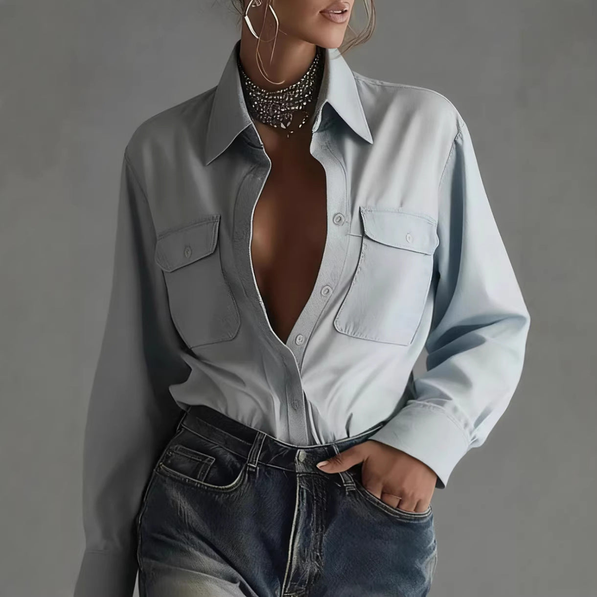 Stylish Relaxed-fit Long-sleeve Collar Shirt For Women - Sculptify™