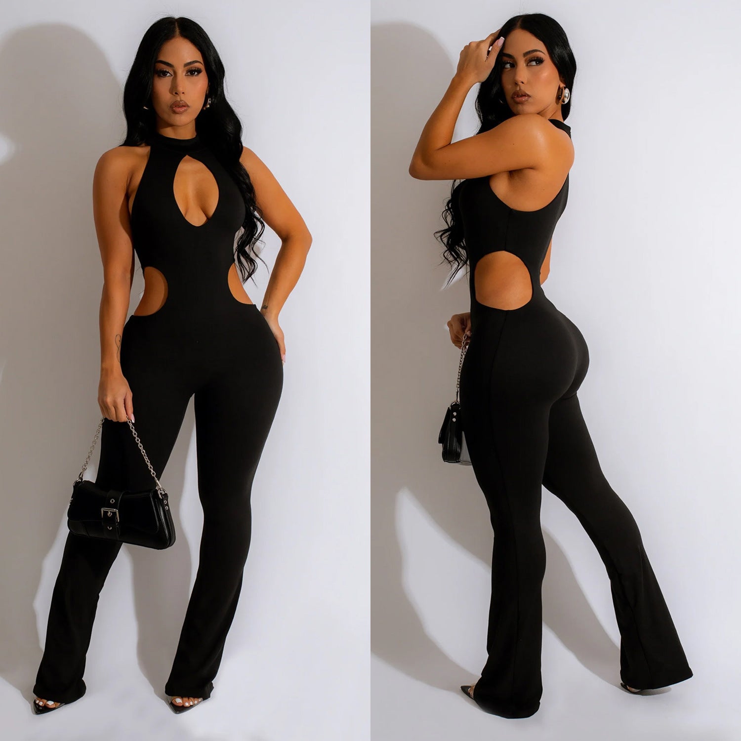 Women's Solid Color Sexy Halter Hollow-out Jumpsuit - Sculptify™