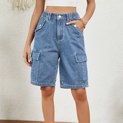 Washed Denim Utility Cargo Shorts