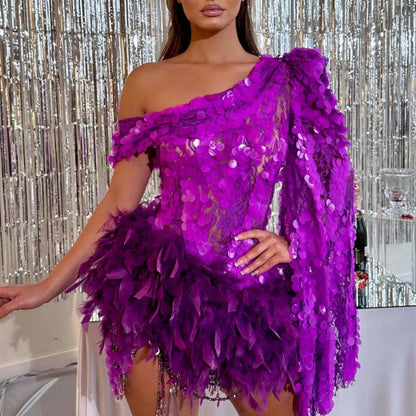 Purple Sequined Feather Skirt One-shoulder Sleeve Short Dress Luxury Party Stage Performance Dress - Sculptify™