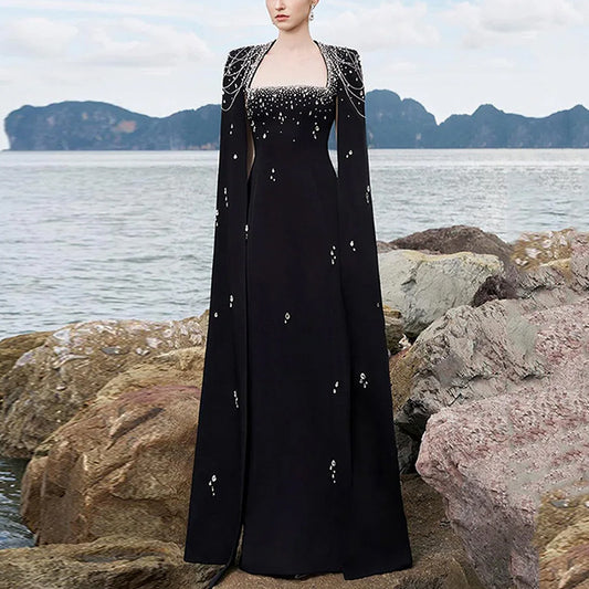 Beaded Lanyard Shawl Sleeve And Floor Long Dress - Sculptify™