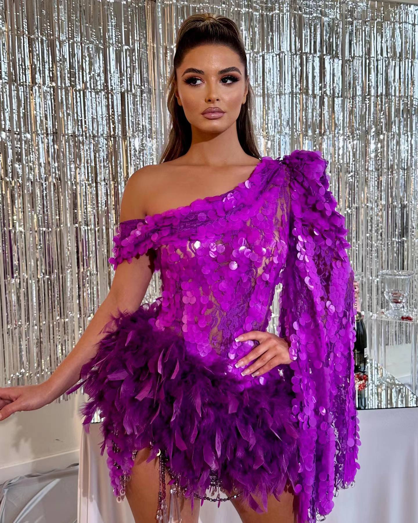 Purple Sequined Feather Skirt One-shoulder Sleeve Short Dress Luxury Party Stage Performance Dress - Sculptify™