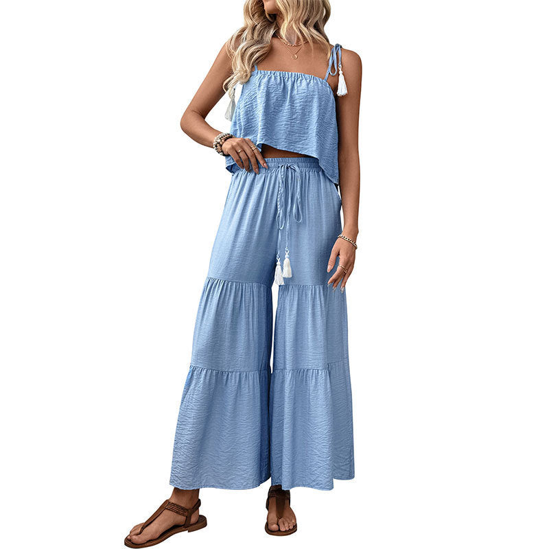 Strappy Top And Wide-leg Pants Textured Resort Set - Sculptify™