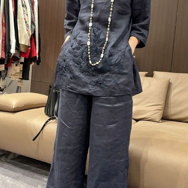 Womens Two-Piece Set New Chinese-Style 34-Sleeve Top With Wide-Leg Pants - Sculptify™