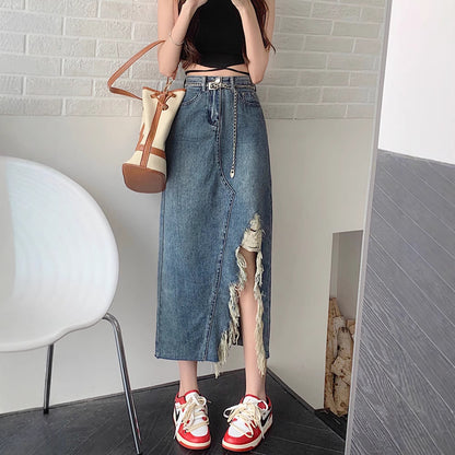 Summer Retro Irregular Slit Denim Skirt