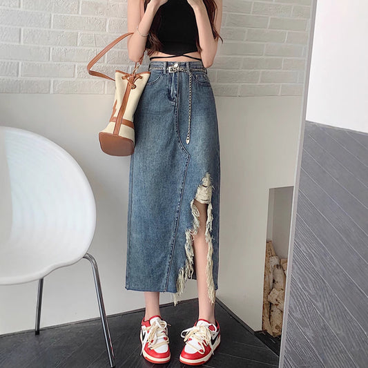 Summer Retro Irregular Slit Denim Skirt