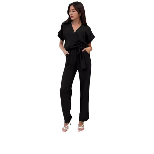Women's Short-sleeved V-neck Pocket Jumpsuit - Sculptify™