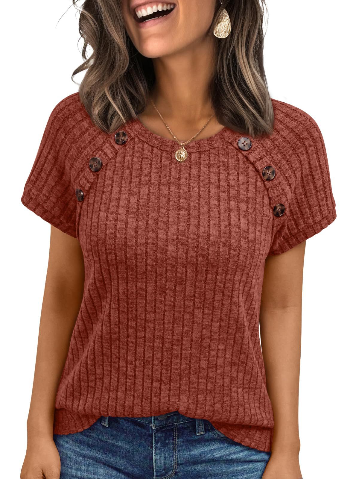 Womens Ribbed Crew-neck Button-panel Short-sleeve Top  Short sleeve t-shirts Sculptify™