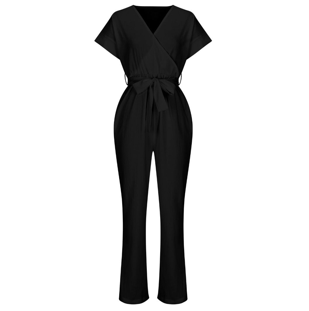 Women's Short-sleeved V-neck Pocket Jumpsuit - Sculptify™