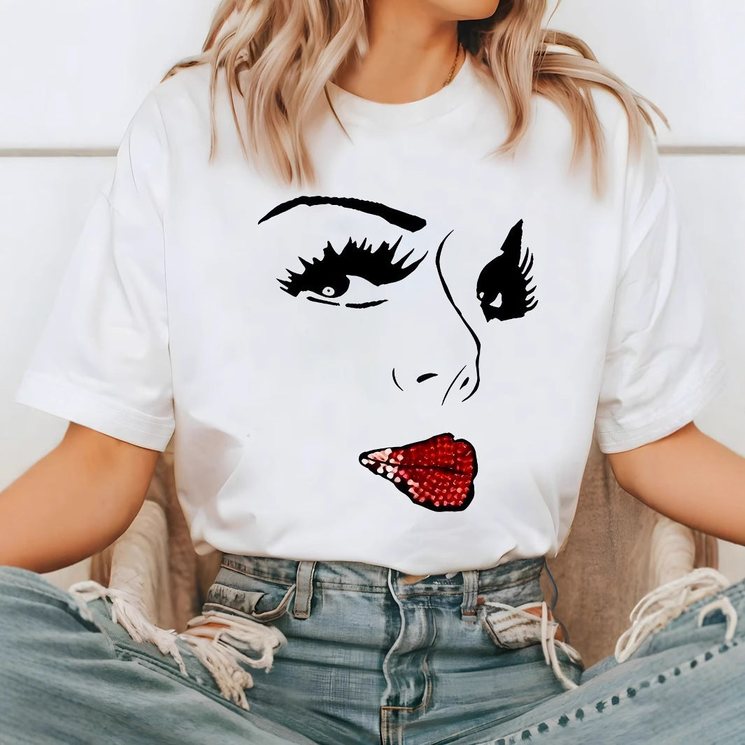 Loose-fitting Short-sleeve T-shirt With A Lip-print Design  Short sleeve t-shirts Sculptify™