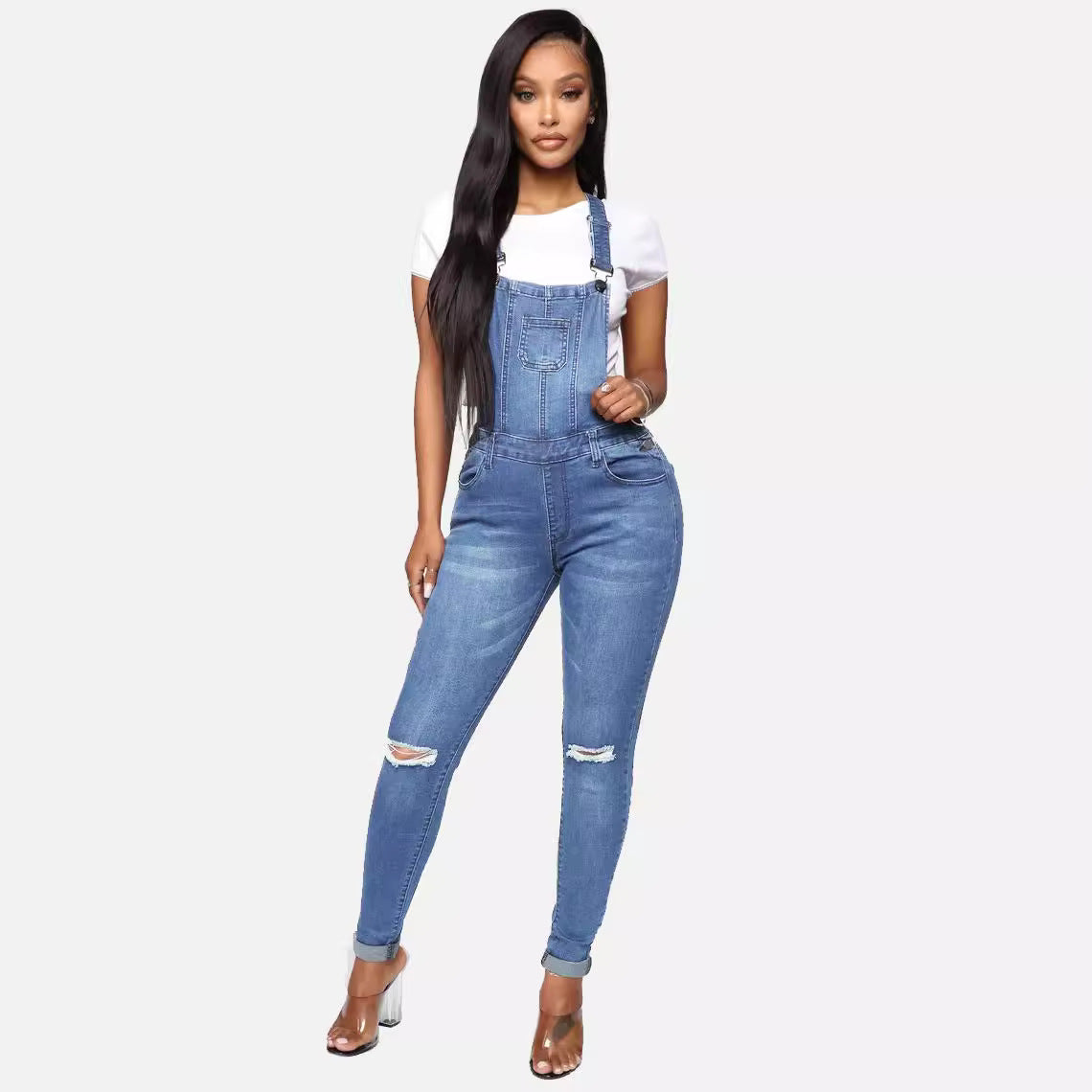 Womens Ripped Washed Denim Overalls - Sculptify™