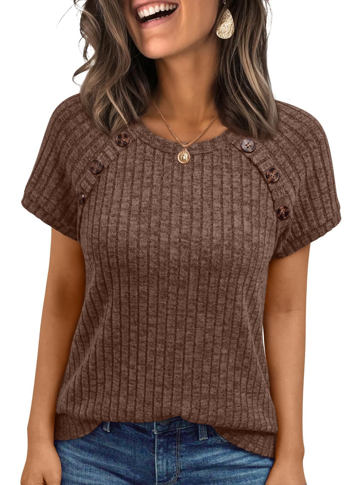 Womens Ribbed Crew-neck Button-panel Short-sleeve Top  Short sleeve t-shirts Sculptify™
