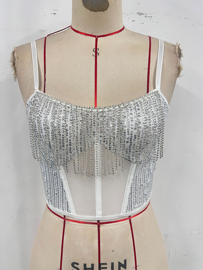 Womens Patchwork Diamond-Chain Fishbone Midriff-Baring Tank Top With Zipper - Sculptify™