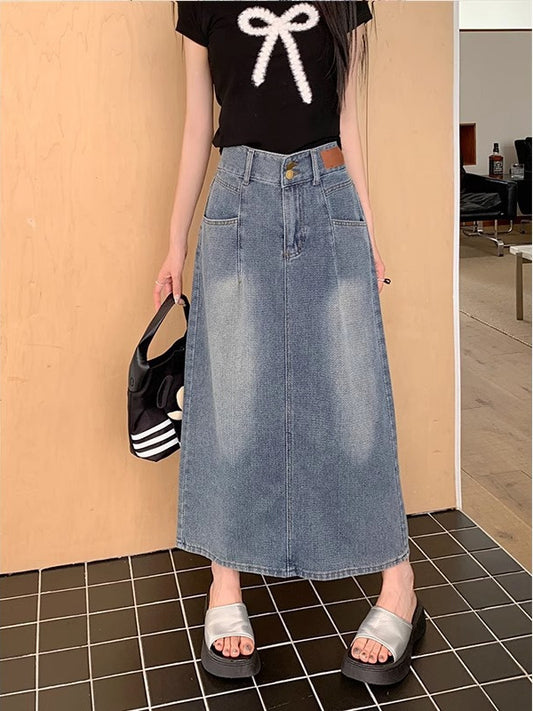 Medium-Length High Waist Retro Denim Skirt