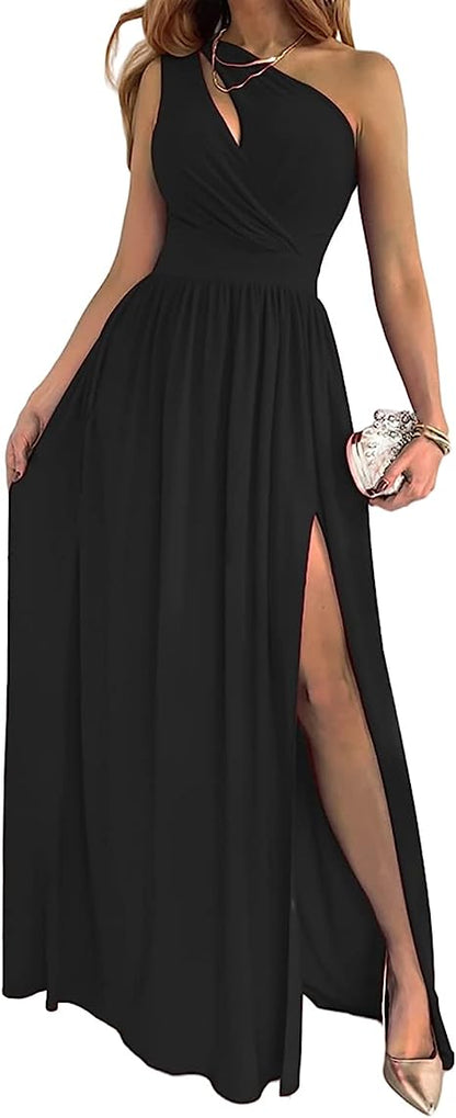 Women's One Shoulder High Split Cutout Sleeveless Elegant Sexy Cocktail Maxi Dress - Sculptify™