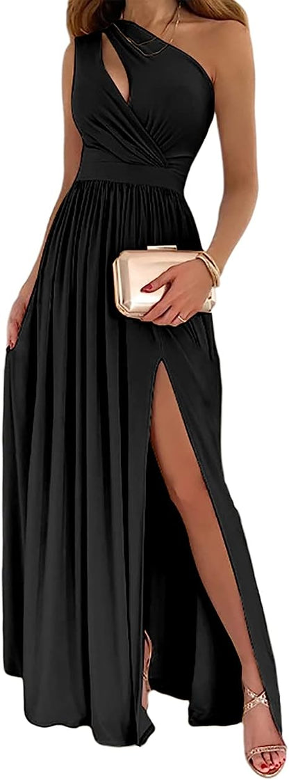 Women's One Shoulder High Split Cutout Sleeveless Elegant Sexy Cocktail Maxi Dress - Sculptify™
