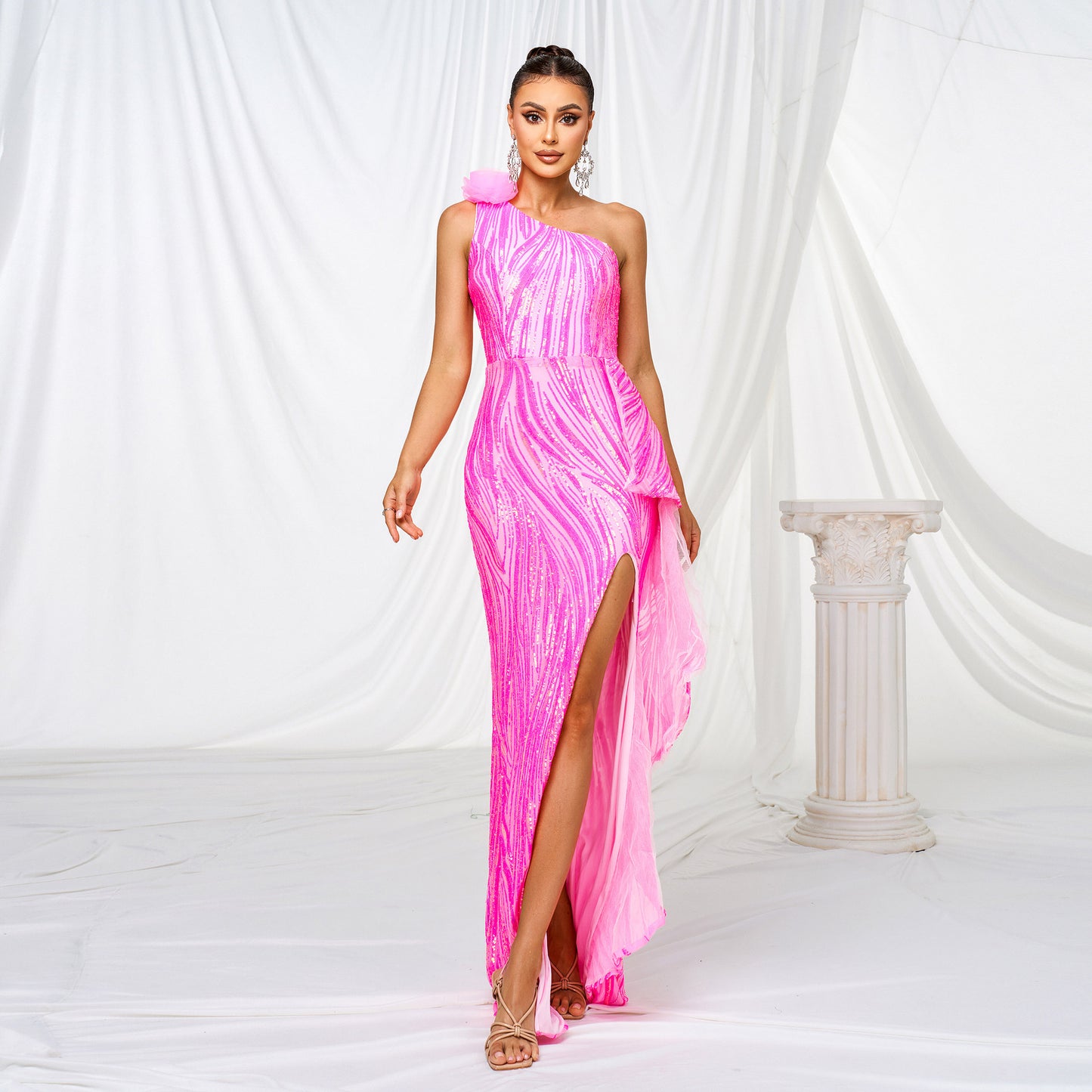 One-shoulder Diagonal Collar Sequined Slit Evening Dress - Sculptify™