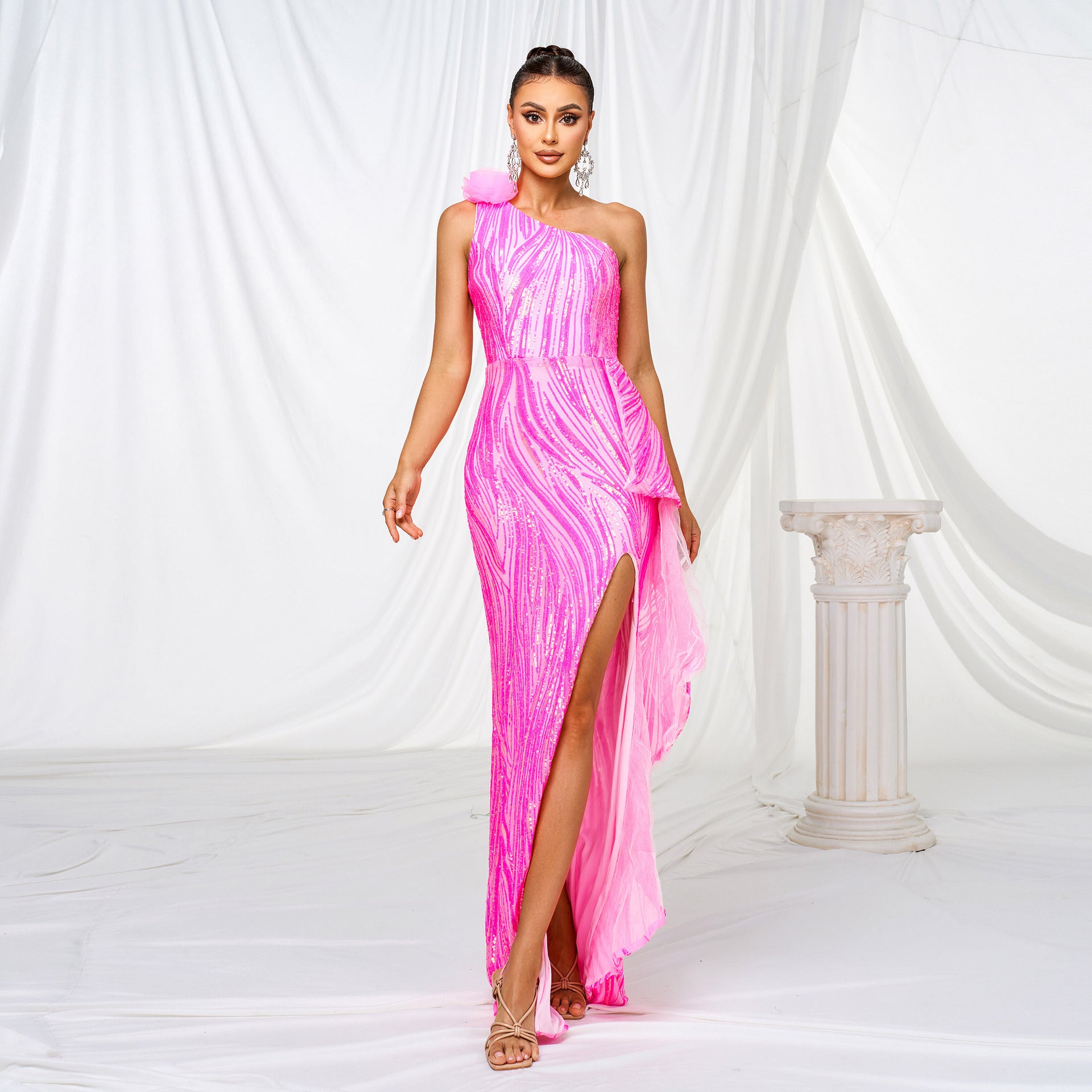 One-shoulder Diagonal Collar Sequined Slit Evening Dress - Sculptify™