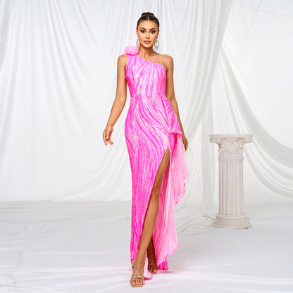 One-shoulder Diagonal Collar Sequined Slit Evening Dress - Sculptify™
