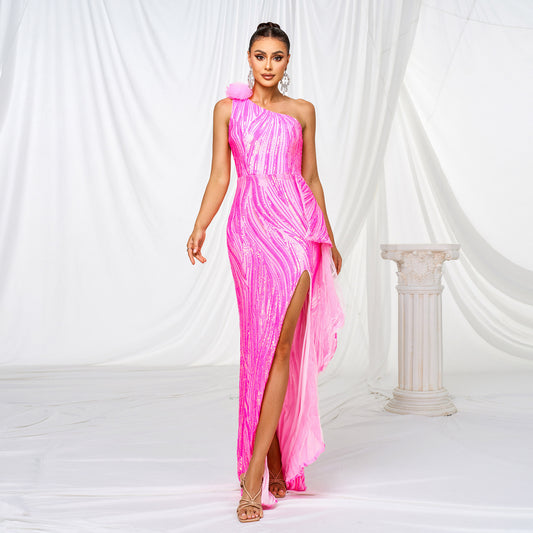 One-shoulder Diagonal Collar Sequined Slit Evening Dress - Sculptify™