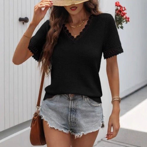 Womens V-neck Casual Waffle-knit Lace-panel Short-sleeve Top  Short sleeve t-shirts Sculptify™
