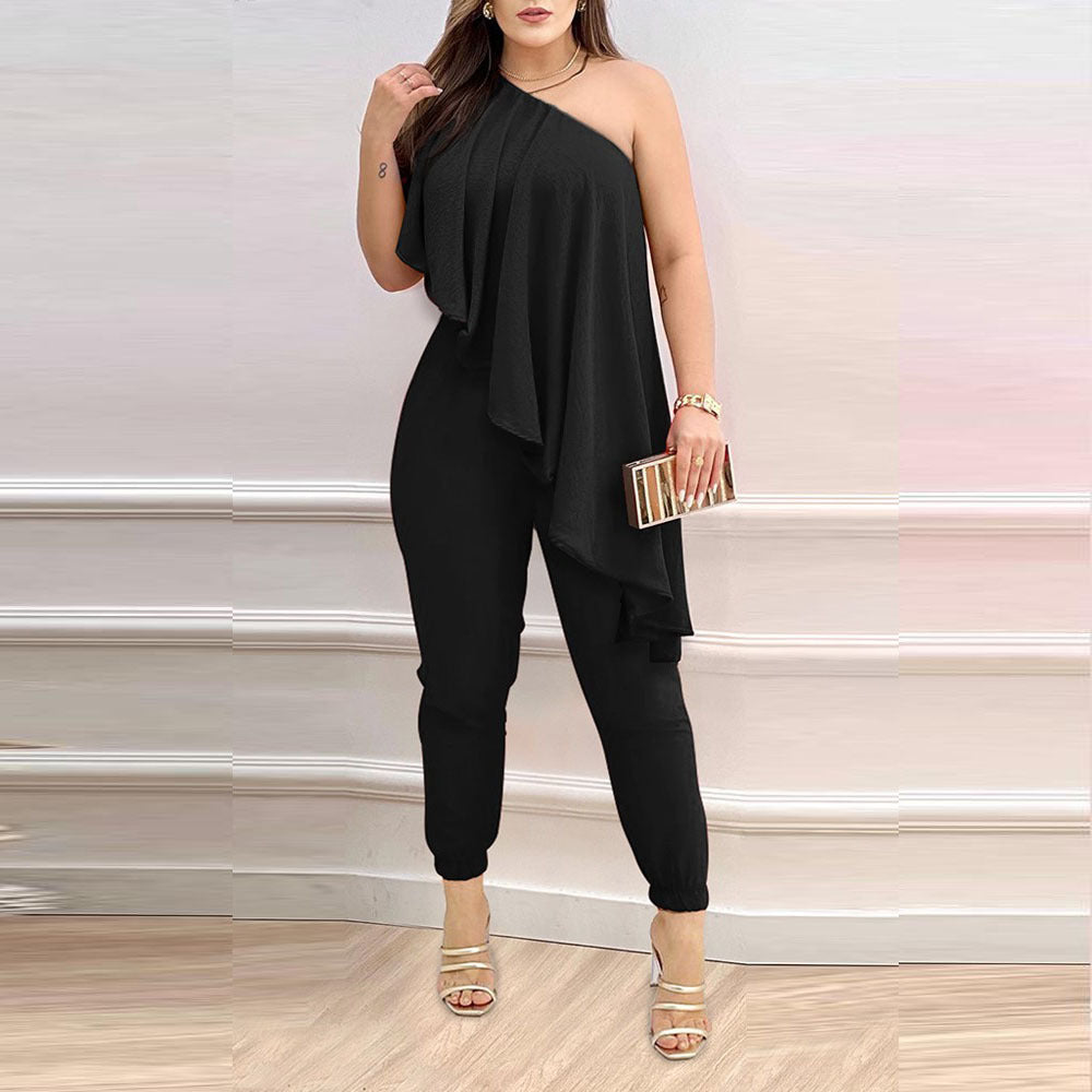 Printed One-shoulder Ruffled Jumpsuit - Sculptify™
