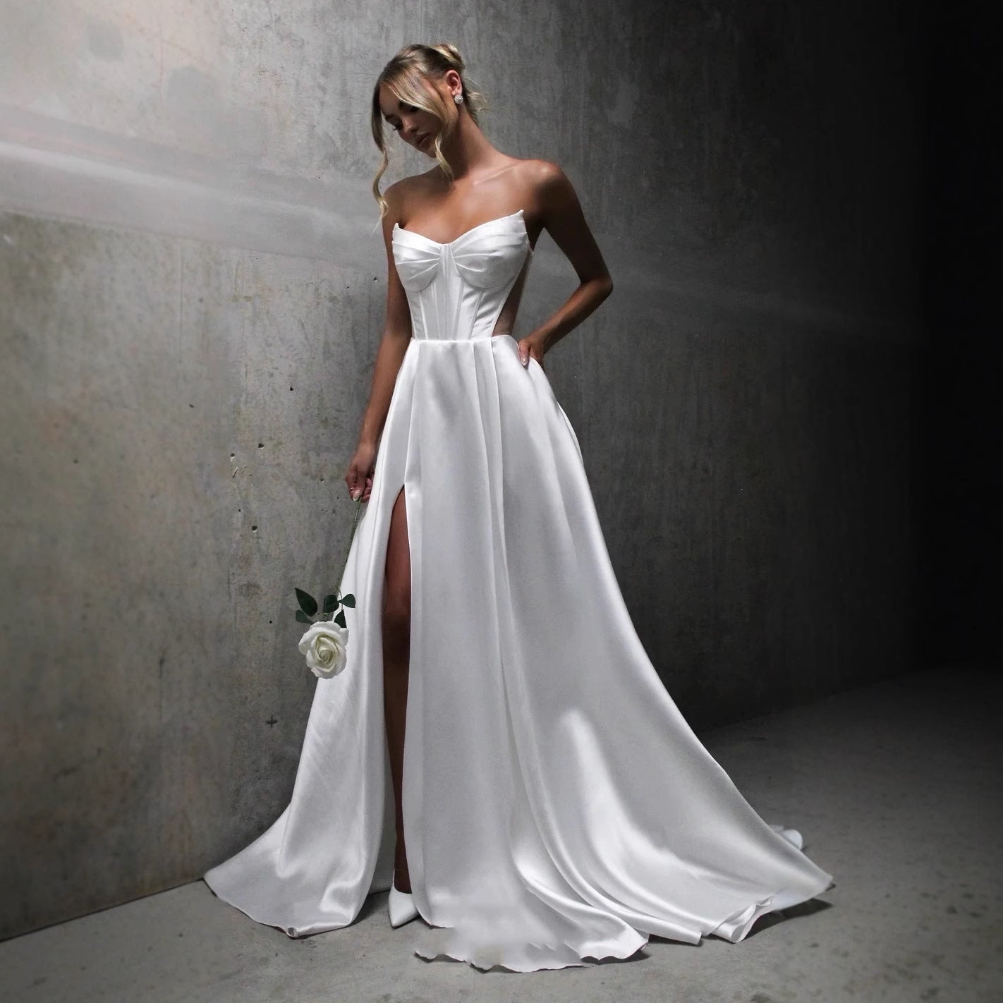 White Satin Slit Pocket Bandage Wedding Dress - Sculptify™
