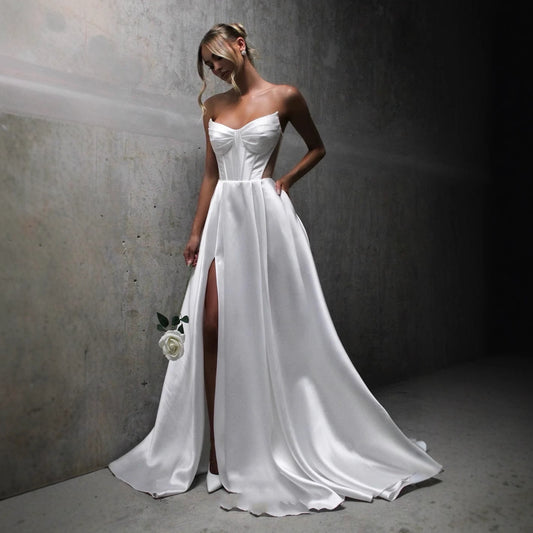White Satin Slit Pocket Bandage Wedding Dress - Sculptify™
