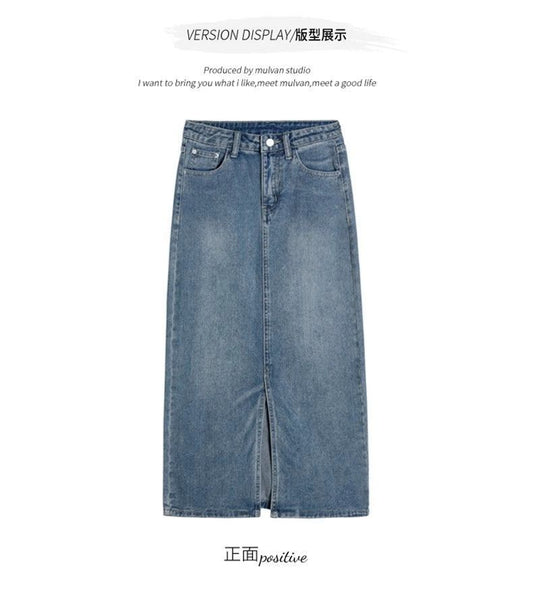 Retro Slim High-Waist A-Line Denim Skirt