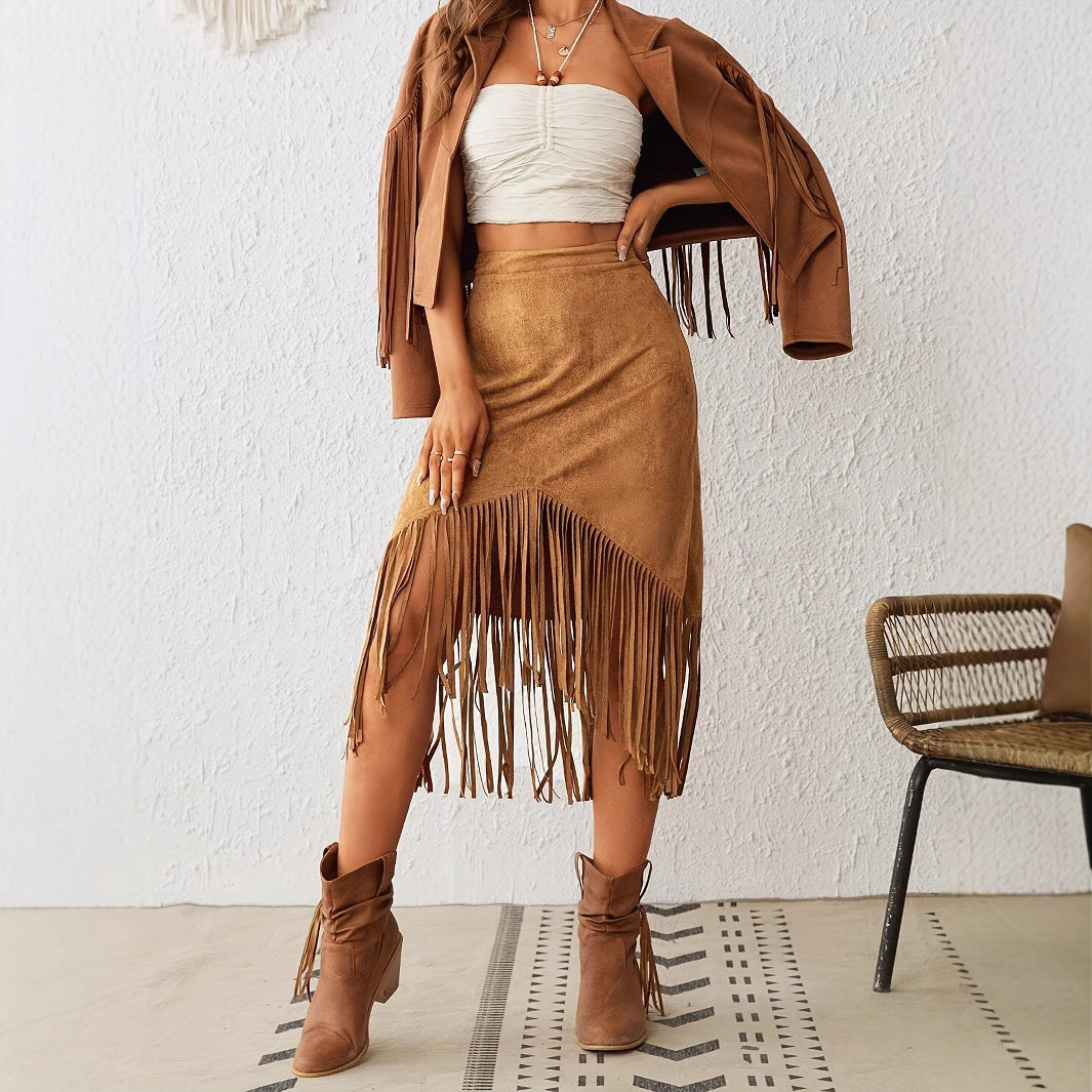 Minimalist Solid Asymmetric Fringe Skirt