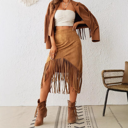 Minimalist Solid Asymmetric Fringe Skirt