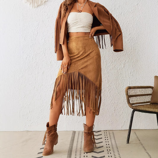 Minimalist Solid Asymmetric Fringe Skirt