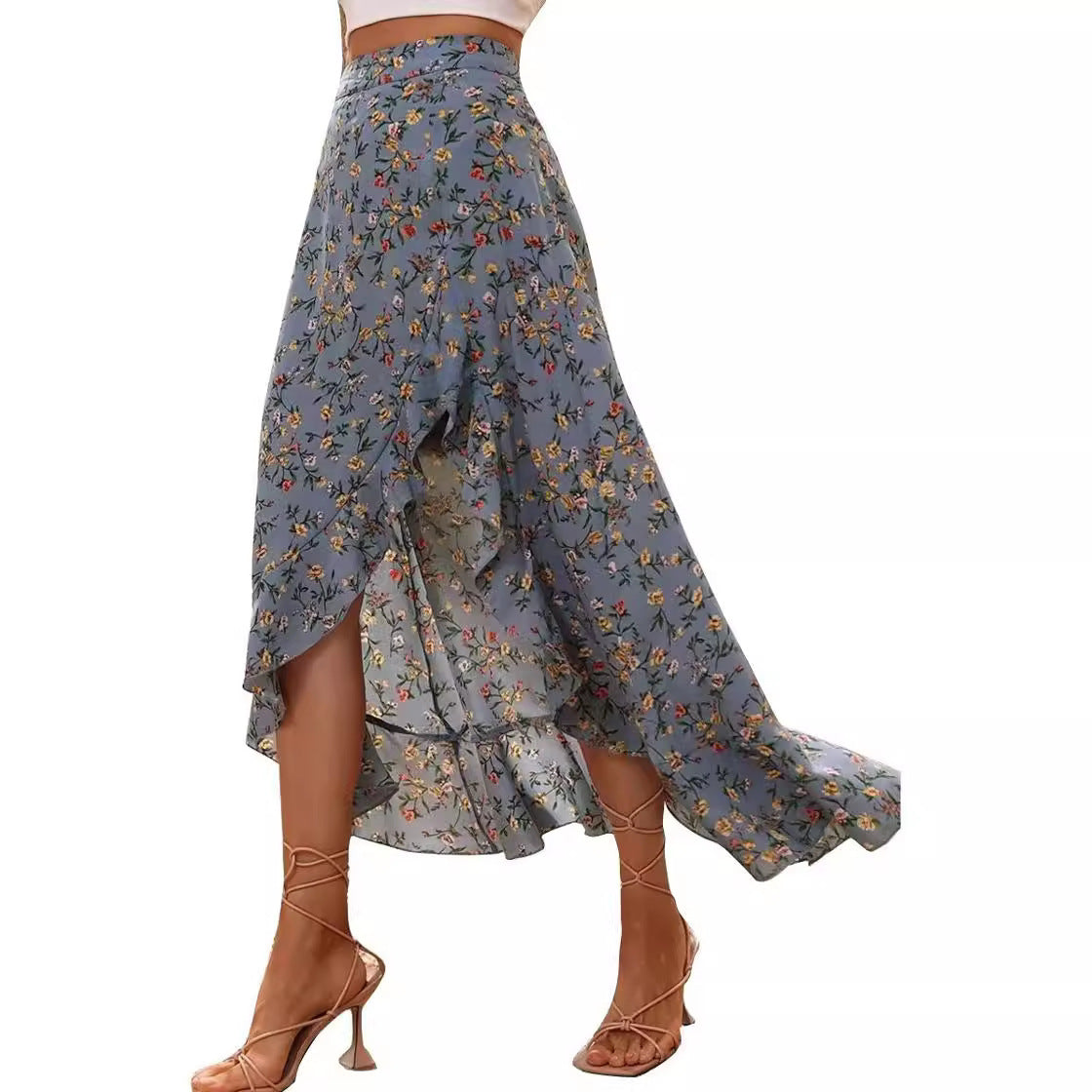 Stylish Ruffle & Side Slit Printed Skirt